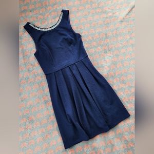 Navy Cocktail Dress Beaded Neckline with Back Bow Size Medium